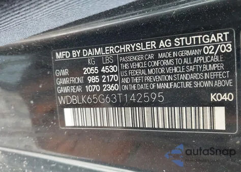 2003 Mercedes-Benz Clk 320 from USA, damaged, VIN WDBLK65G63T142595